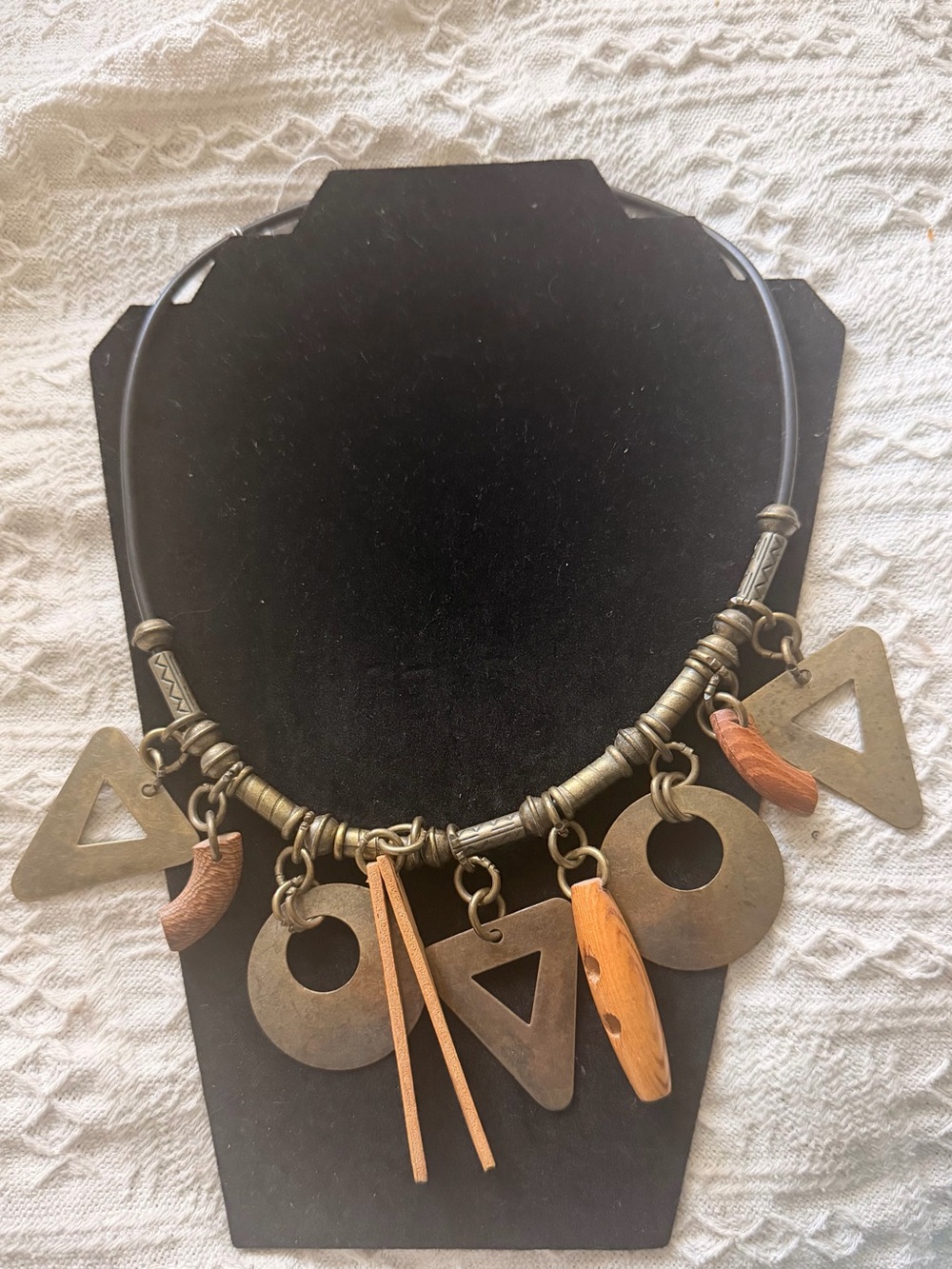 Boho Geometric Wood & Metal Pendant Necklace in Brown